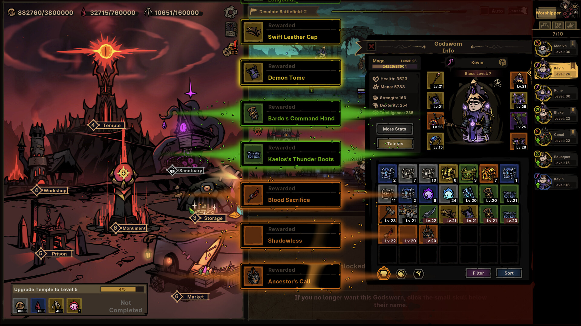 Path of Idle town, inventory and reward screens