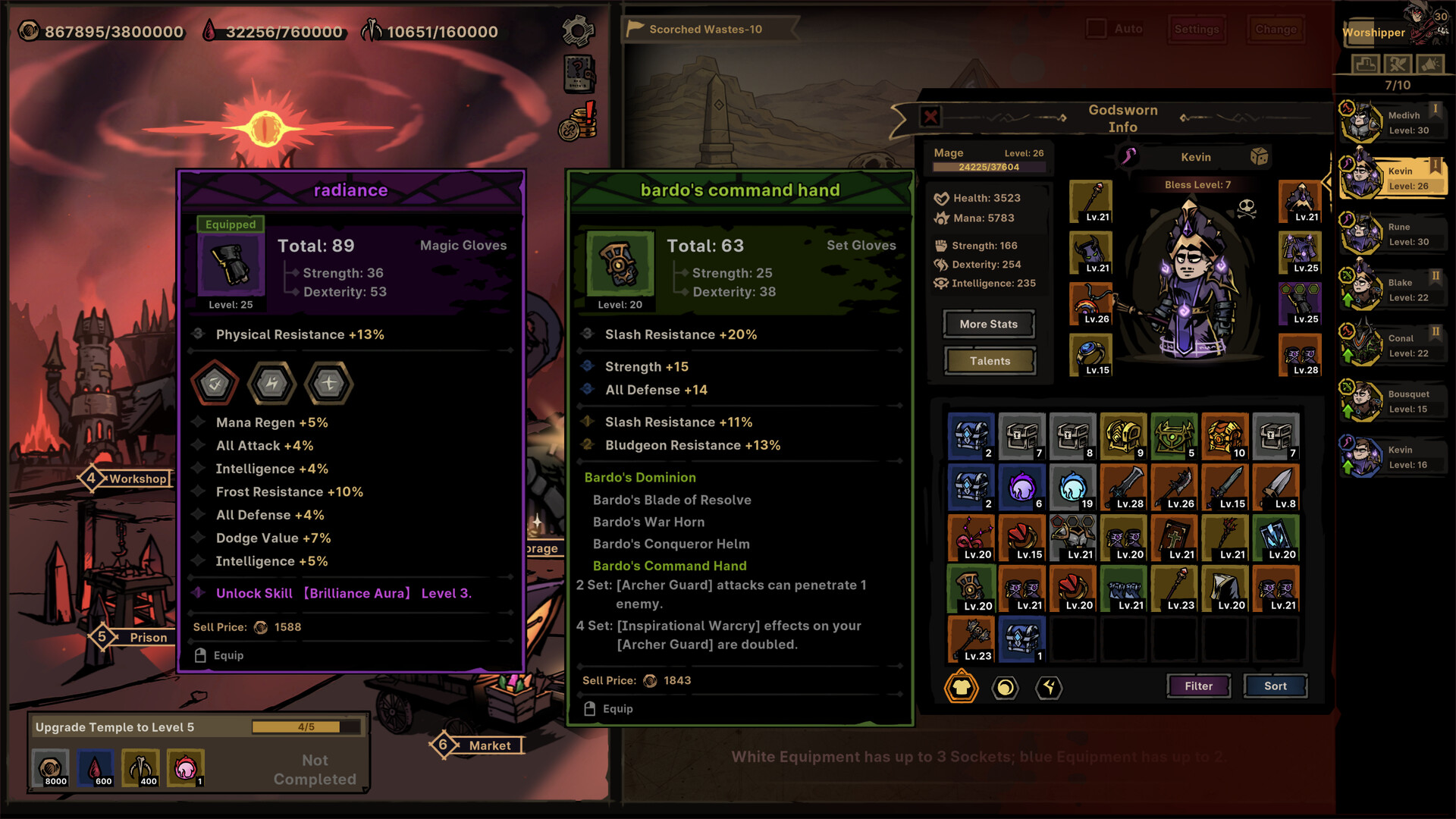 Path of Idle equipment comparison showing totals, affixes, sockets, skill unlock and set bonuses