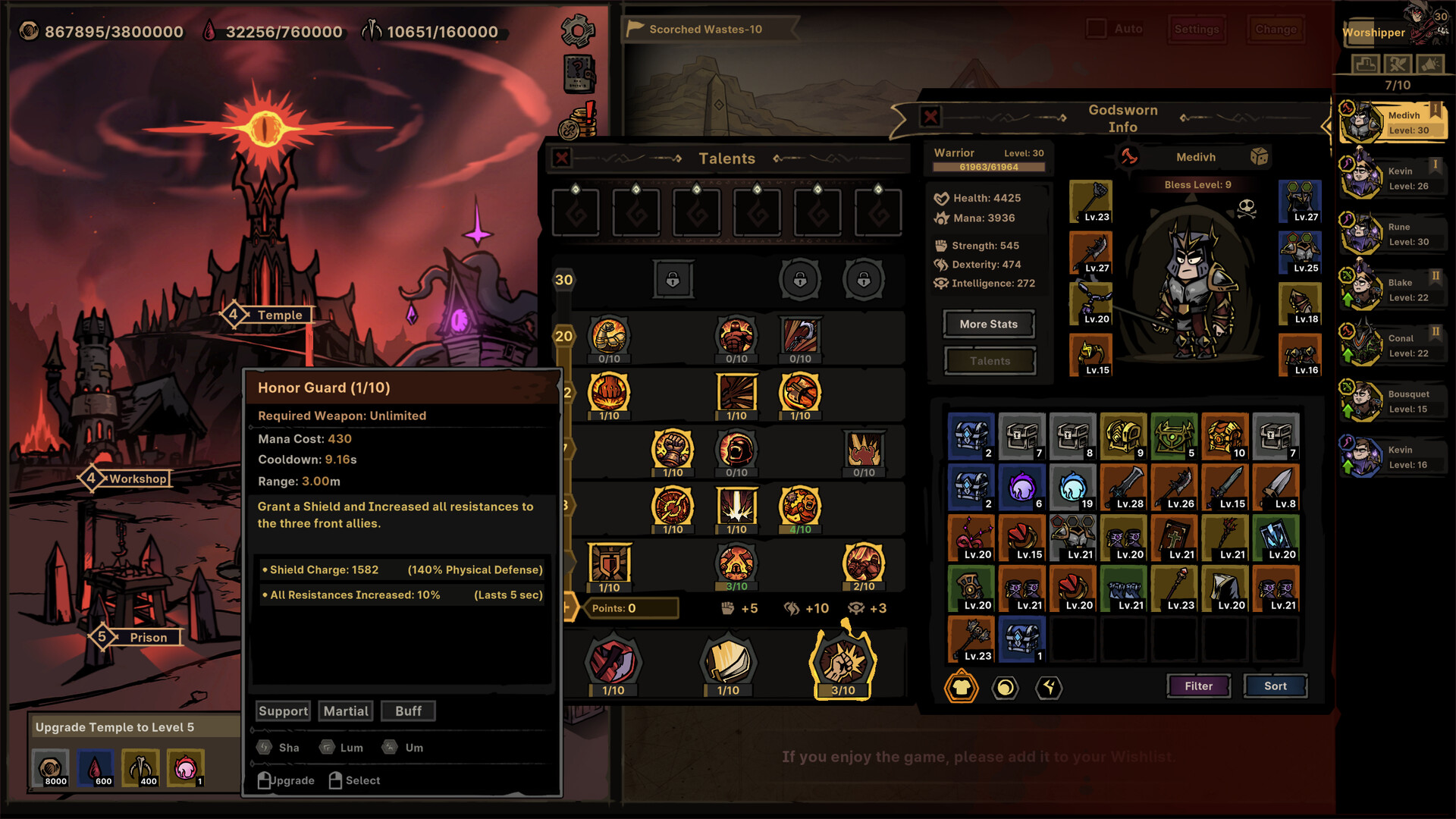 Path of Idle Warrior Talent grid and skill tooltip beside the Godsworn inventory